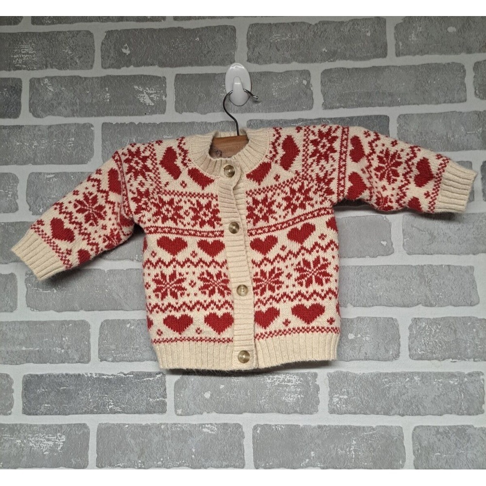 H&M Kids Light Beige/Patterned Fair Isle Heart‎ Print Knit Cardigan Size 9M